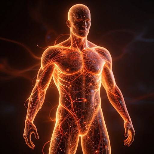 Digital illustration of a glowing, muscular, humanoid figure with fiery orange and red lines illuminating internal structures against a black background.