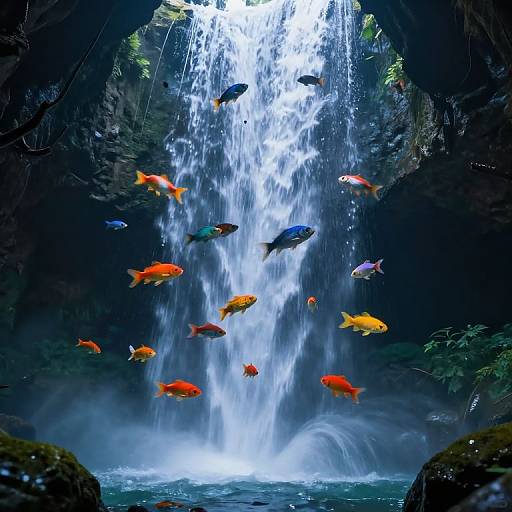 Colorful Fish Ascending Waterfall in Cavern