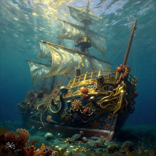 Photograph of an underwater, illuminated, ornate pirate ship with billowing sails, surrounded by colorful coral, and marine life, bathed in sunlight