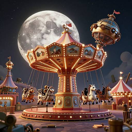Digital illustration of a brightly lit carousel at night, featuring moonlit, illuminated horses, and a large full moon in the sky.