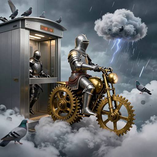 Digital artwork: Knights in silver armor ride a golden motorcycle above clouds, near a phone booth, amidst rain and lightning, with pigeons flying around.