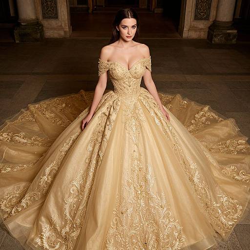 Photograph of a stunning woman in an off-shoulder, gold, intricately embroidered ball gown with a wide, flowing skirt, standing in a