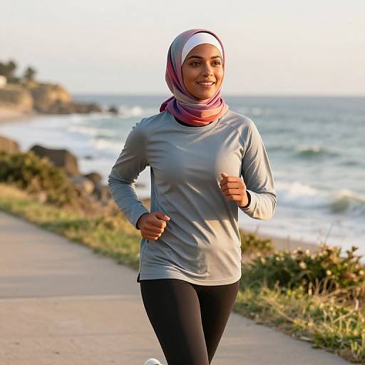 Photograph of a smiling Muslim woman jogging on a beach path, wearing a gray long-sleeve top, black pants, and a pink-and-white