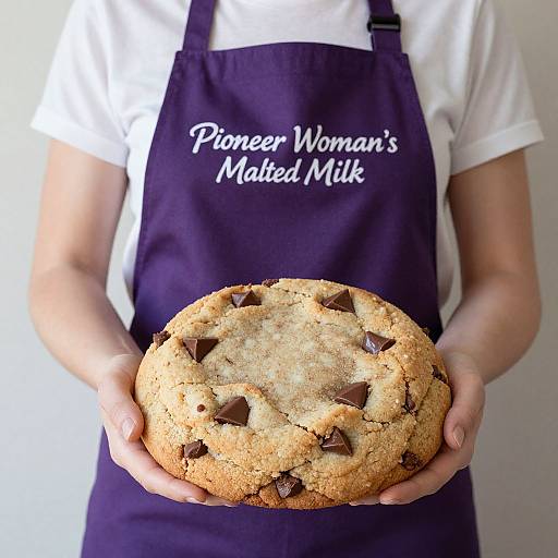 Photograph of a person in a white shirt and purple apron with 