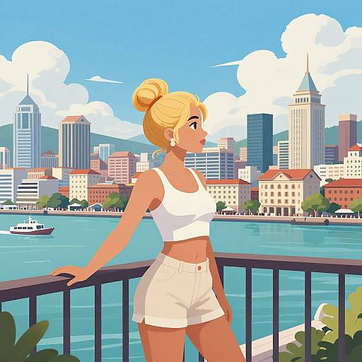 Digital anime-style drawing of a blonde woman with a bun, wearing a white crop top and shorts, leaning on a railing, overlooking a vibrant city skyline