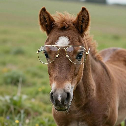 Photograph of a brown foal with a white stripe on its forehead, wearing oversized gold-rimmed glasses, standing in a green grassy field
