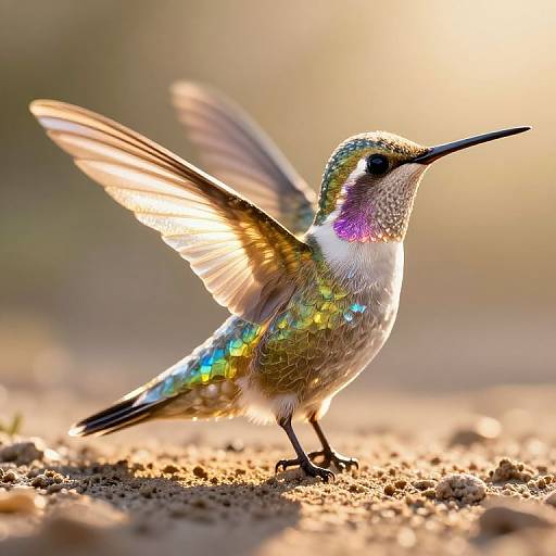Photograph of a radiant iridescent hummingbird with outstretched wings, reflecting rainbow colors, standing on sandy ground in sunlight.