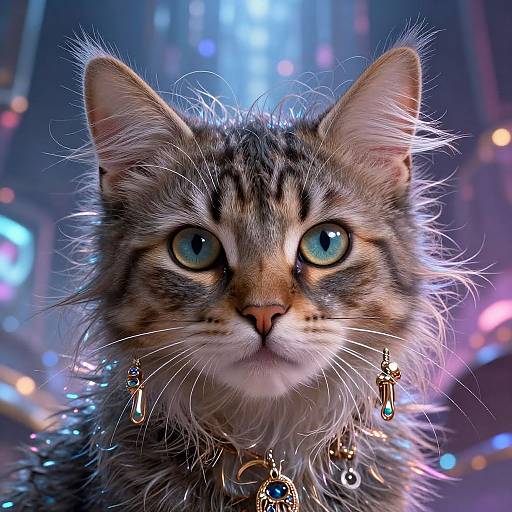Close-up digital painting of a regal, fluffy tabby cat with sparkling blue eyes and intricate gold earrings, set against a glowing, colorful cityscape