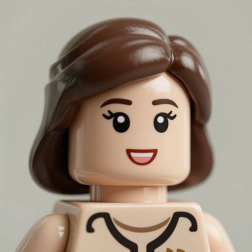 Photograph of a LEGO minifigure with light skin, dark brown bobbed hair, black eyes, and a red smile, wearing a beige top