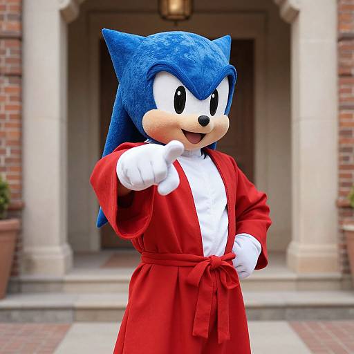 Photorealistic CGI of Sonic the Hedgehog in a red kimono, standing confidently with one hand pointing, in front of a brick doorway.