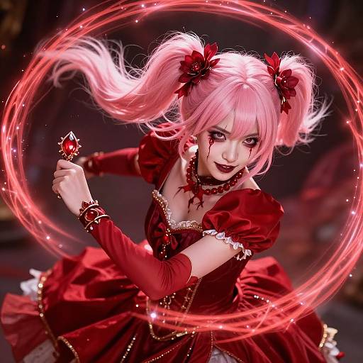 Digital anime-style drawing of a pink-haired girl with red bows, red dress, and black lipstick, wielding a glowing red ring, surrounded by a circular