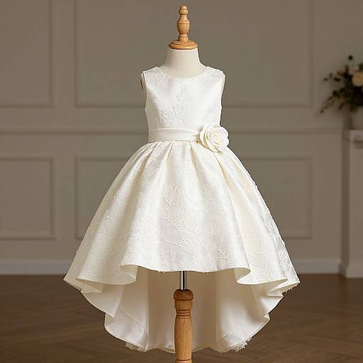 Photograph of a white, sleeveless, lace-embroidered, A-line dress on a wooden mannequin in a softly lit, elegant