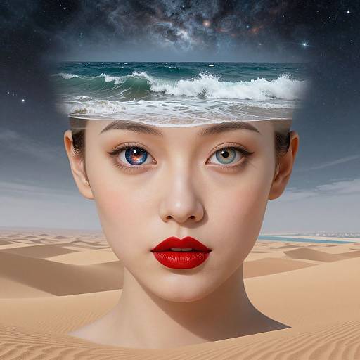 Photorealistic digital artwork of a fair-skinned woman with red lips and blue eyes, split between a sandy beach and a cosmic ocean sky.