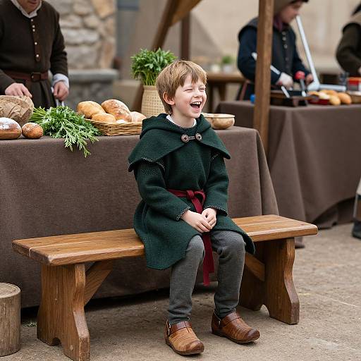 Photograph of a laughing young boy in a dark green cloak and brown shoes, seated on a wooden bench at an outdoor medieval market with bread and herbs