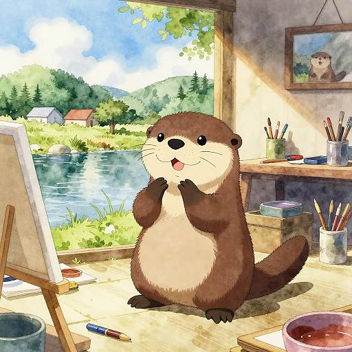 Cheerful Otter Painting Watercolors