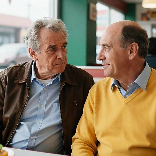 Photograph of two older men, one with gray hair in a brown jacket and blue shirt, the other bald with a yellow sweater, smiling at each