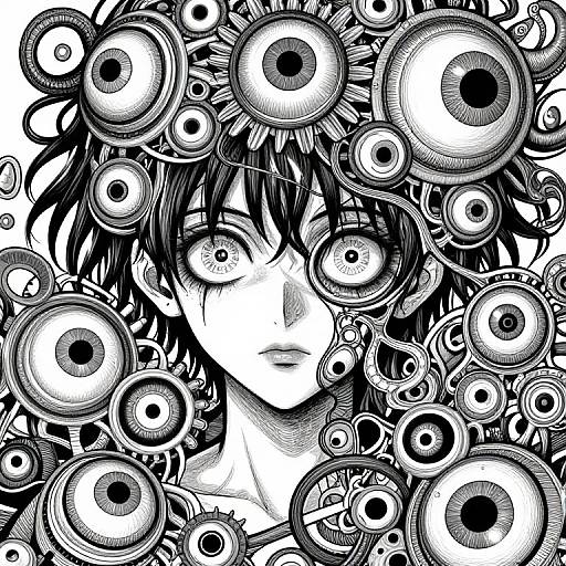Manga-style black and white drawing of a young person with wide eyes, surrounded by numerous large, detailed eyeballs filling the background.