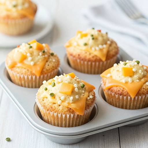 Photograph of five cheese-stuffed muffins with orange cheddar, chopped green onions, and crumbled cheese in a white muffin tray.
