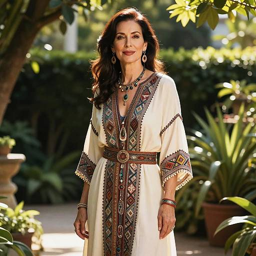 Photograph of a middle-aged woman with long brown hair, wearing an embroidered white traditional dress, standing in a sunlit garden.