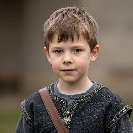 Photograph of a young boy with short brown hair, wearing a medieval-style black tunic with intricate silver embroidery, and a brown strap, against a
