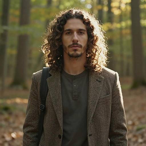 Portrait of Man with Curly Hair in Forest
