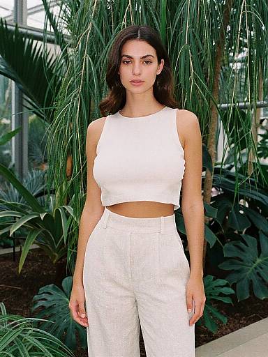 Photograph of a young woman with long dark hair, wearing a white sleeveless crop top and high-waisted white pants, standing in front of