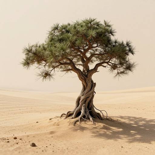 Photograph of a solitary, twisted, green pine tree with dense foliage standing in a vast, sunlit, sandy desert landscape.