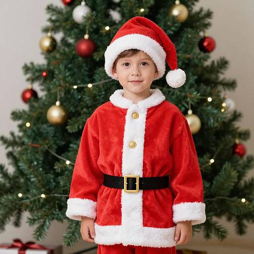 Photograph of a young boy in a red Santa outfit with white trim and black belt, standing in front of a decorated Christmas tree with red and gold