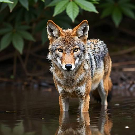 Realistic Coyote in Forest Reflection