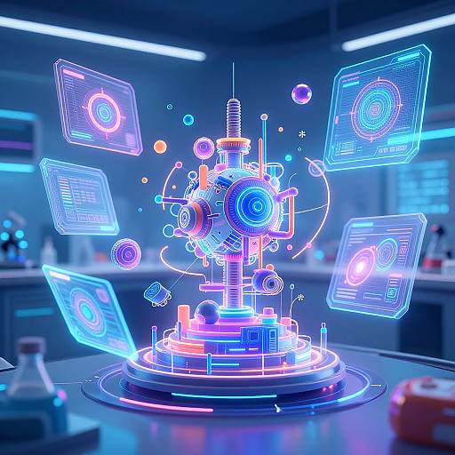 Neon-lit robotic centerpiece with glowing holographic screens floating around, in a futuristic lab. Bright blue, pink, and purple hues dominate. Digital