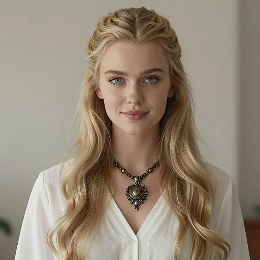 Blonde Woman with Viking Hairstyle and Ornate Necklace