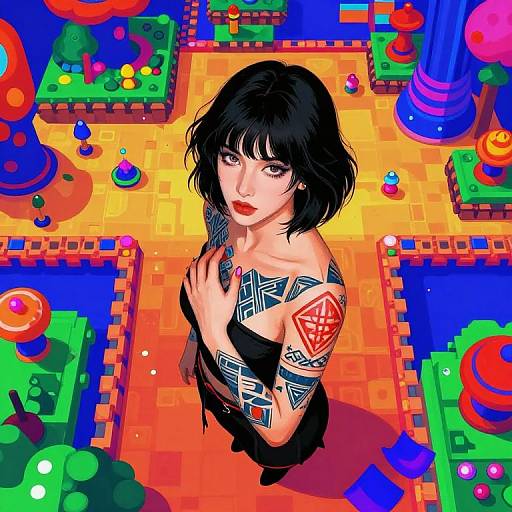 Digital art of a tattooed woman with black hair and red lipstick, standing in a colorful, geometric, toy-like maze. Vibrant, surreal style