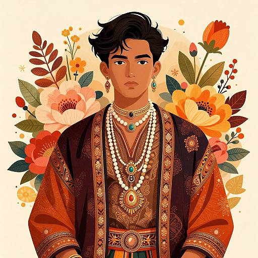 Digital illustration of a handsome, dark-haired man in ornate, richly patterned traditional attire adorned with multiple jewelry pieces, set against a vibrant floral
