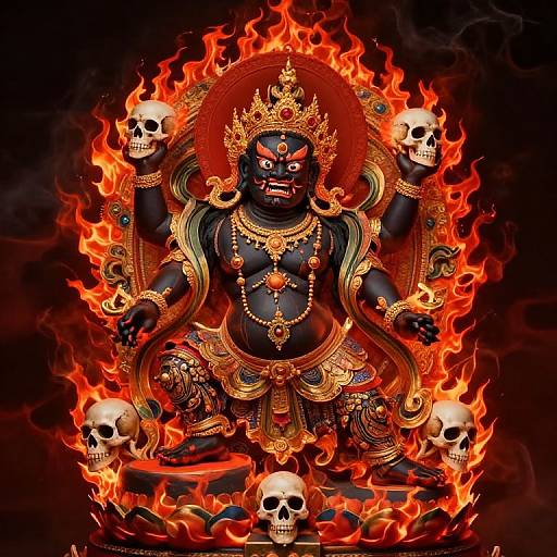 Digital artwork of a dark-skinned, fierce Hindu deity with six arms, adorned in gold jewelry, surrounded by flames and skulls.