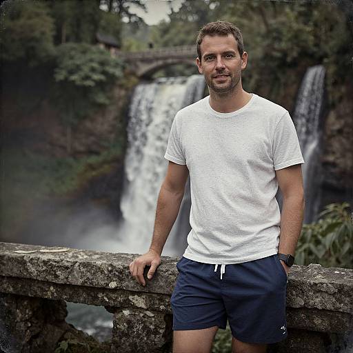 Photograph of a bearded man in white t-shirt and black shorts, leaning on a stone railing, with a waterfall and forest in the background.
