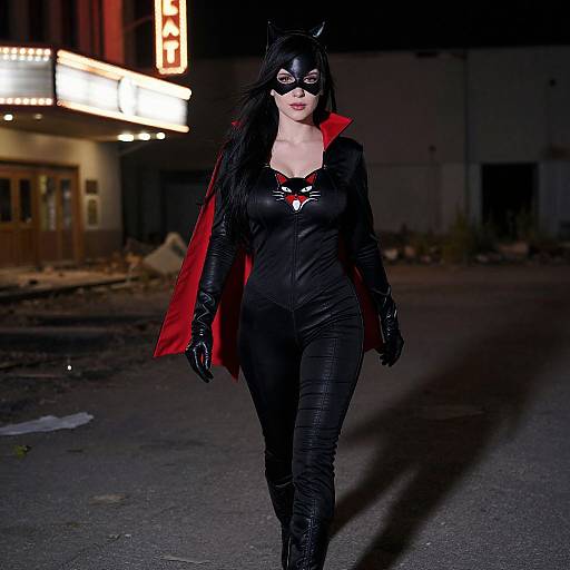 Photograph of a woman in a black Batman costume with red cape, black gloves, cat-ear mask, and red lips, walking at night on