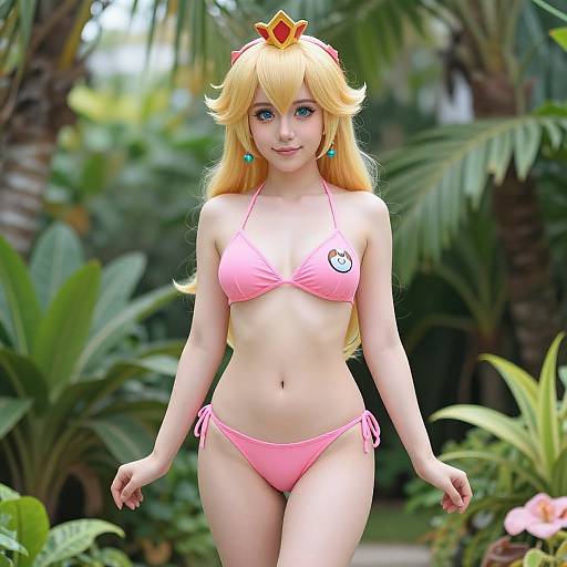 CGI image of Princess Peach in a pink bikini, with long blonde hair, blue eyes, and a golden crown, standing in a lush tropical garden
