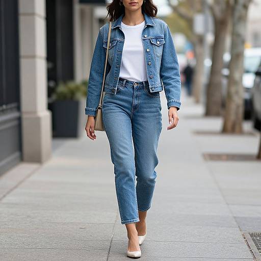 Woman Walking in Denim Outfit