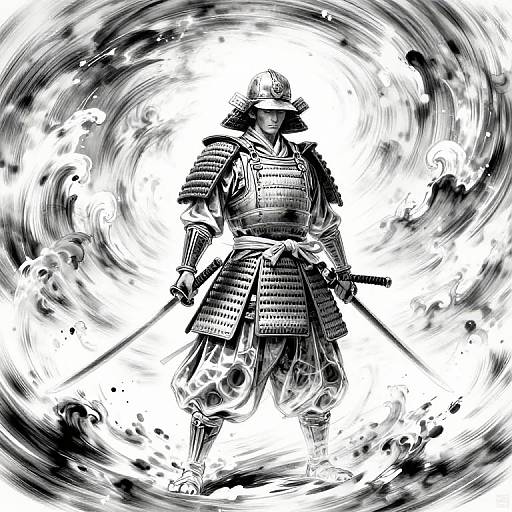 Black-and-white digital drawing of a samurai warrior in traditional armor, standing with swords, surrounded by swirling, dynamic, storm-like patterns.