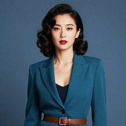 Photograph of an Asian woman with short, wavy black hair, wearing a teal blazer over a black top, red lipstick, and a brown