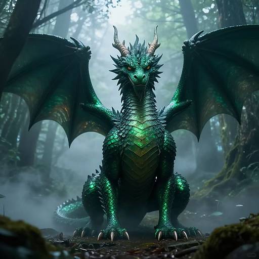 Digital artwork of a green, glowing, dragon with large wings and sharp horns sitting in a misty, forested clearing. Dark, textured scales and