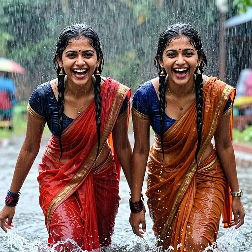 Photograph of two smiling Indian women with wet, dark braided hair, wearing vibrant red and orange sarees, walking through rainwater.