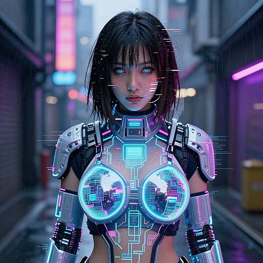 Cyberpunk woman with glowing neon armor, exposed cybernetic breasts, and blue eyes in a neon-lit, rainy alley at night. Digital