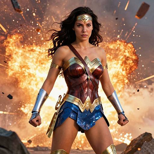 Photograph of Wonder Woman standing confidently in front of a massive, fiery explosion. She wears her iconic red, gold, and blue costume with silver bracelets