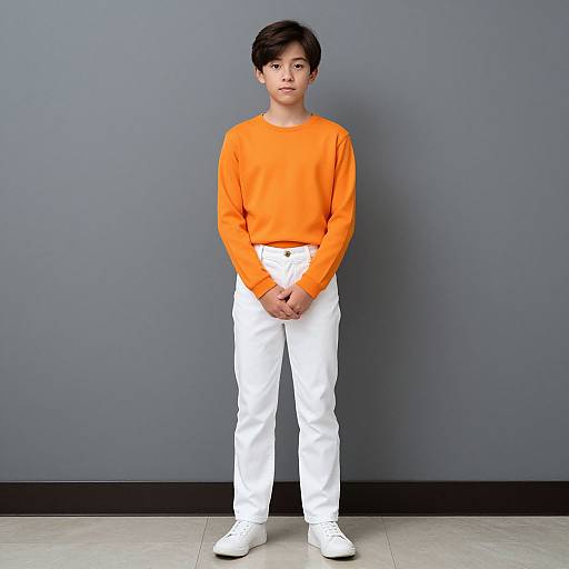 Photograph of a young boy with short black hair, wearing an orange long-sleeve shirt, white pants, and white shoes, standing against a