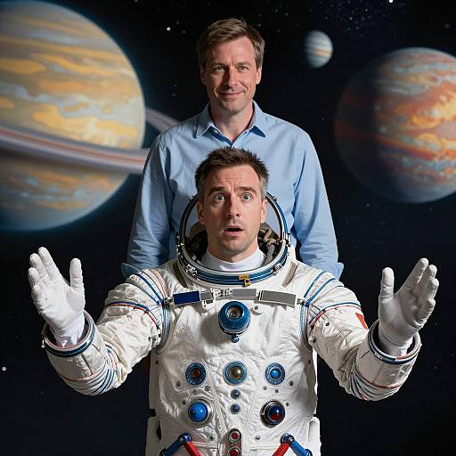 Futuristic Space Encounter with Two Men