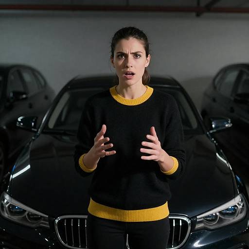 Expressive Woman by Black BMW in Garage