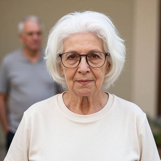 Photograph of elderly white woman with short white hair, glasses, and white sweater, smiling softly; blurred older man in grey shirt in background. Bright
