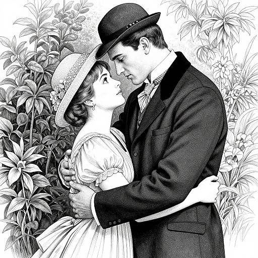 Black-and-white digital drawing of a romantic couple in vintage attire, the man in a suit and hat, the woman in a dress and hat, embracing