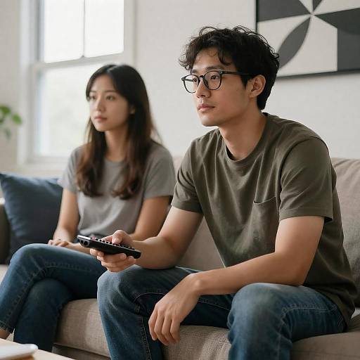 Couple Sitting on Couch Watching TV
